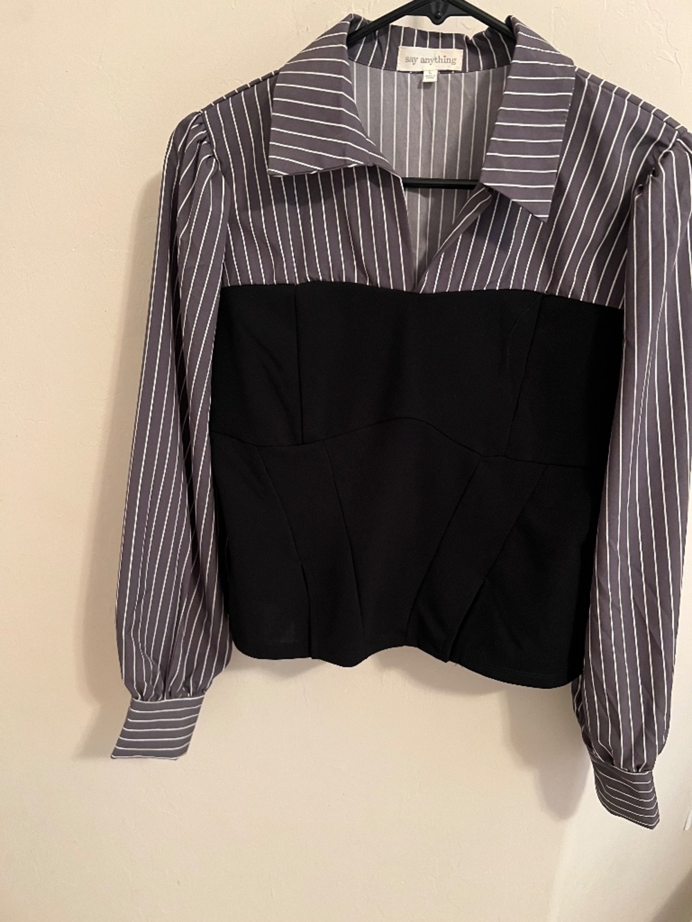 Lovely Black and Gray Top With Gray and White- cuffed Sleeves